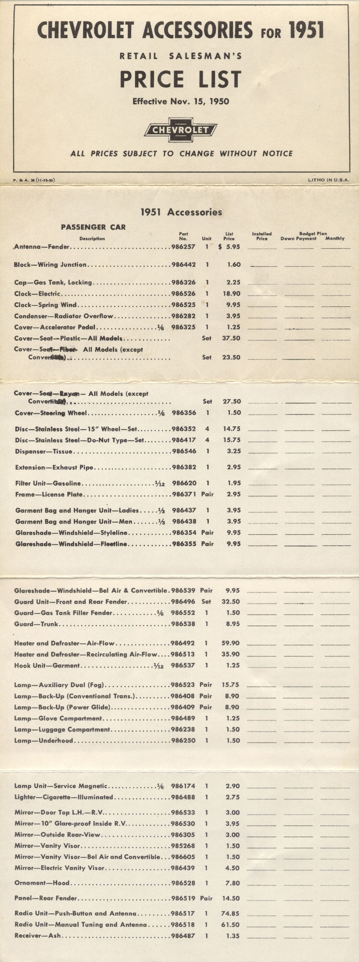 1951 Chevrolet Accessories Price List